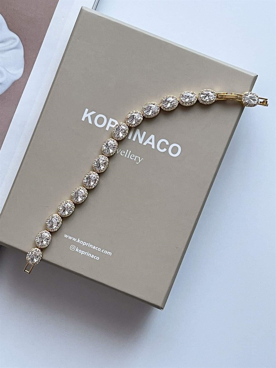 Özel Kaplama Gold Renkli Pırlanta Montür Taşlı Bileklik (19 Cm)