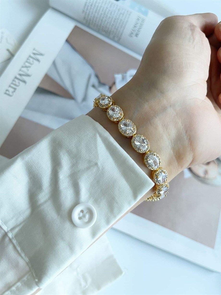 Özel Kaplama Gold Renkli Pırlanta Montür Taşlı Bileklik (19 Cm)