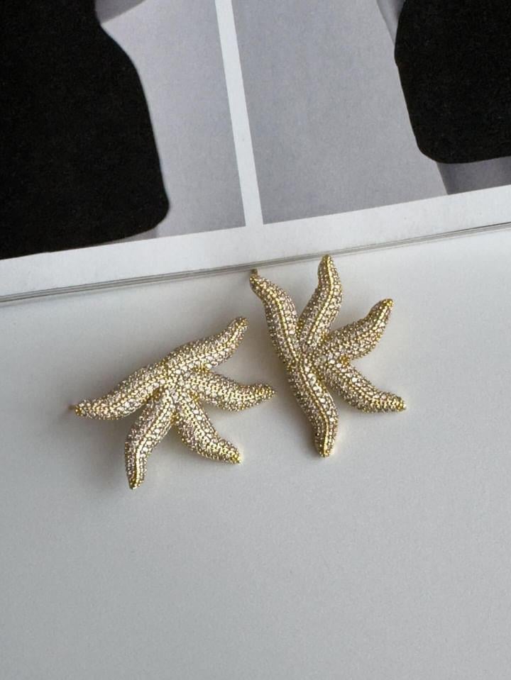Özel Kaplama Gold Zirkon Taşlı Deniz Yıldızlı Vip Küpe (3 Cm)
