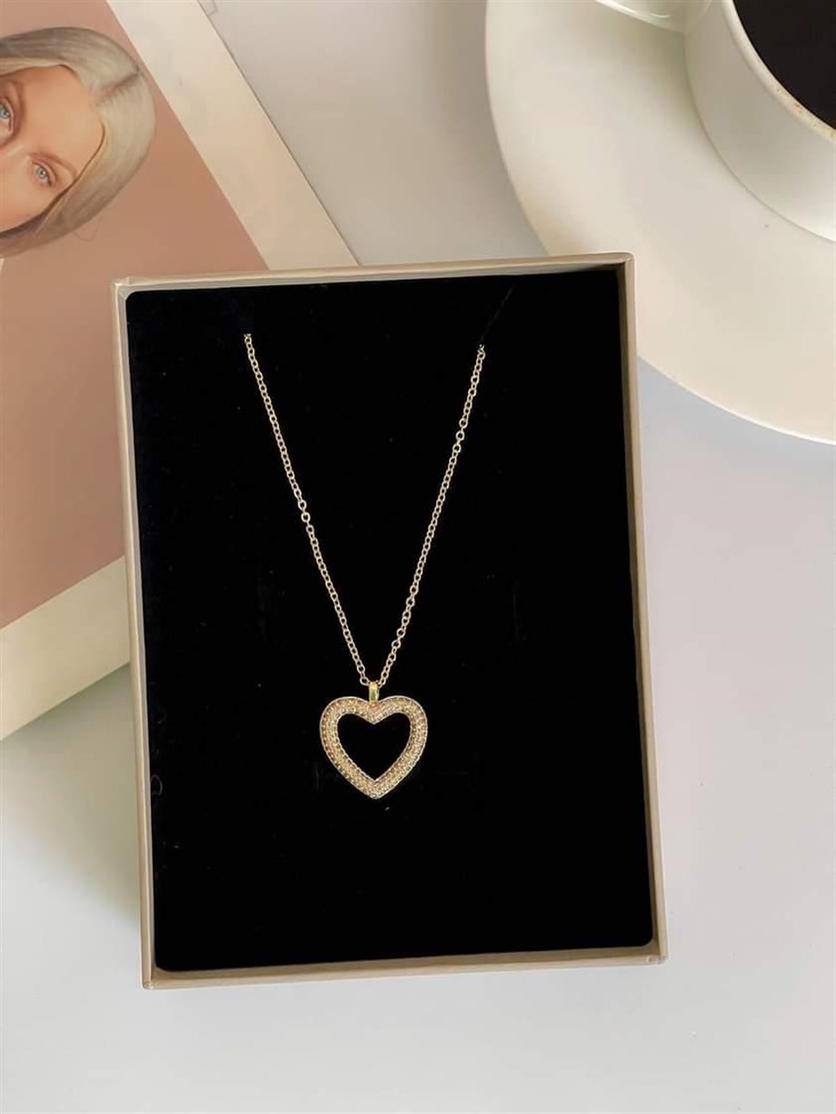 Özel Kaplama Gold Zirkon Taşlı Kalp Kolye (47 Cm)