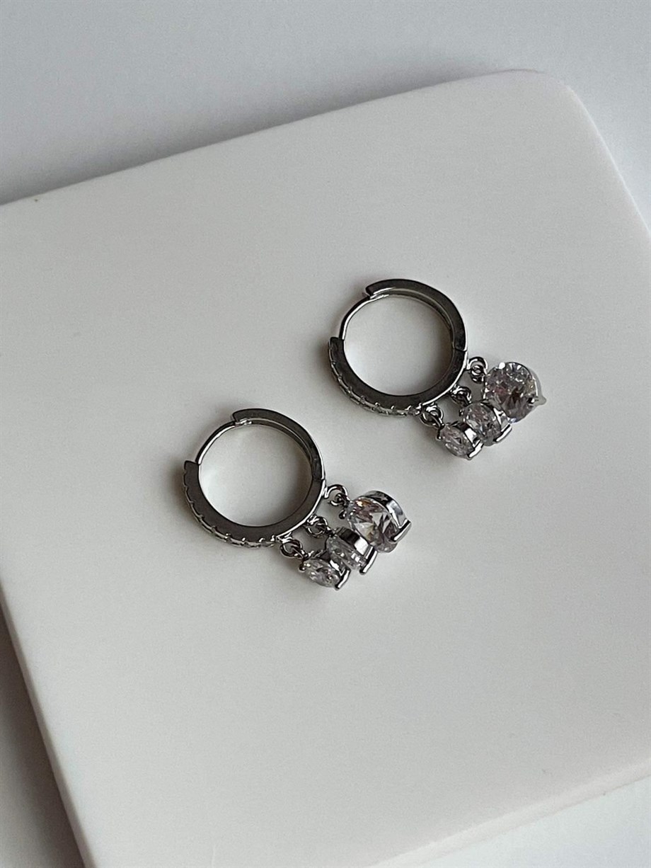 Özel Kaplama Gümüş Renk Baget Taşlı Shakira Küpe (2.5 Cm)