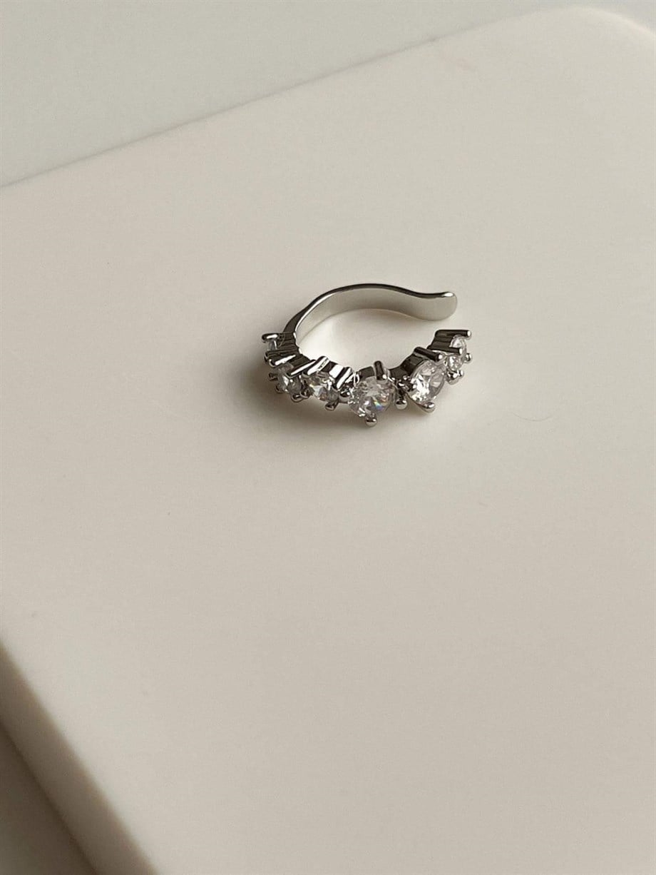 Özel Kaplama Gümüş Renk Baget Taşlı Tekli Ear Cuff Küpe(1.60 Cm)