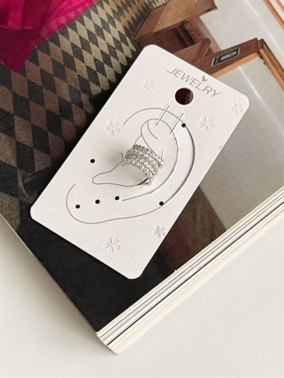 Özel Kaplama Gümüş Renk İncili Zirkon Taşlı Ear Cuff Küpe 