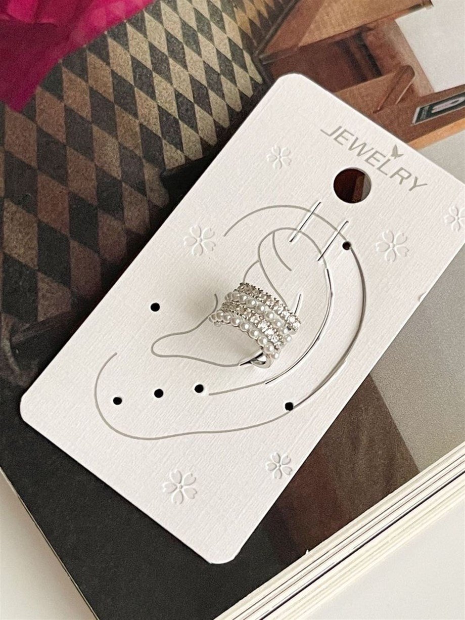 Özel Kaplama Gümüş Renk İncili Zirkon Taşlı Ear Cuff Küpe 