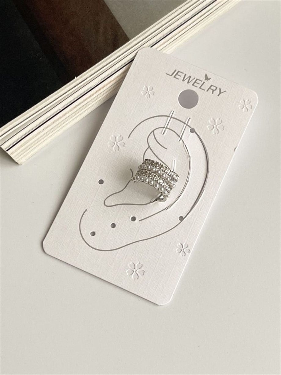 Özel Kaplama Gümüş Renk İncili Zirkon Taşlı Ear Cuff Küpe 