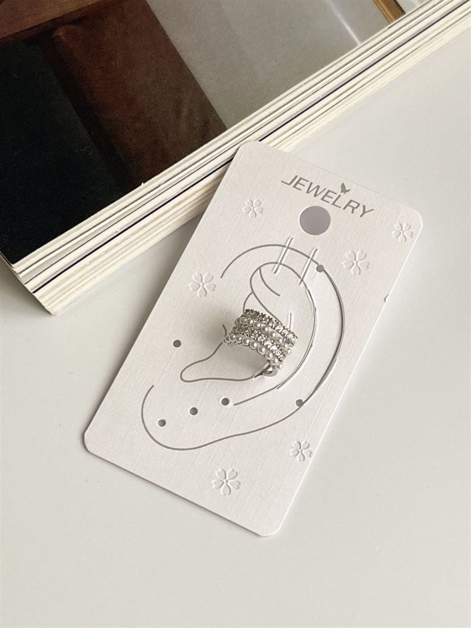 Özel Kaplama Gümüş Renk İncili Zirkon Taşlı Ear Cuff Küpe 