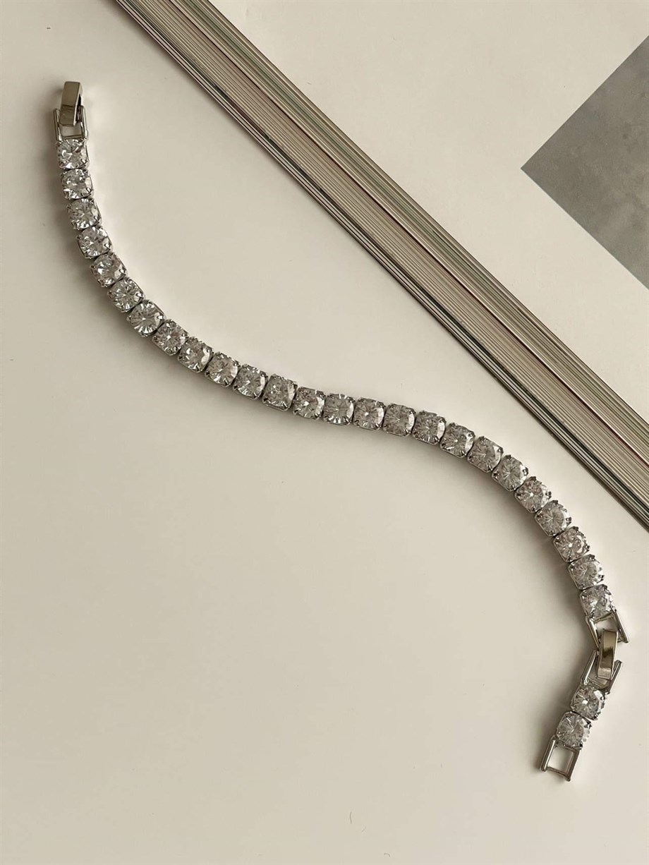 Özel Kaplama Gümüş Renk İri Taşlı Su Yolu Bileklik (20 Cm)