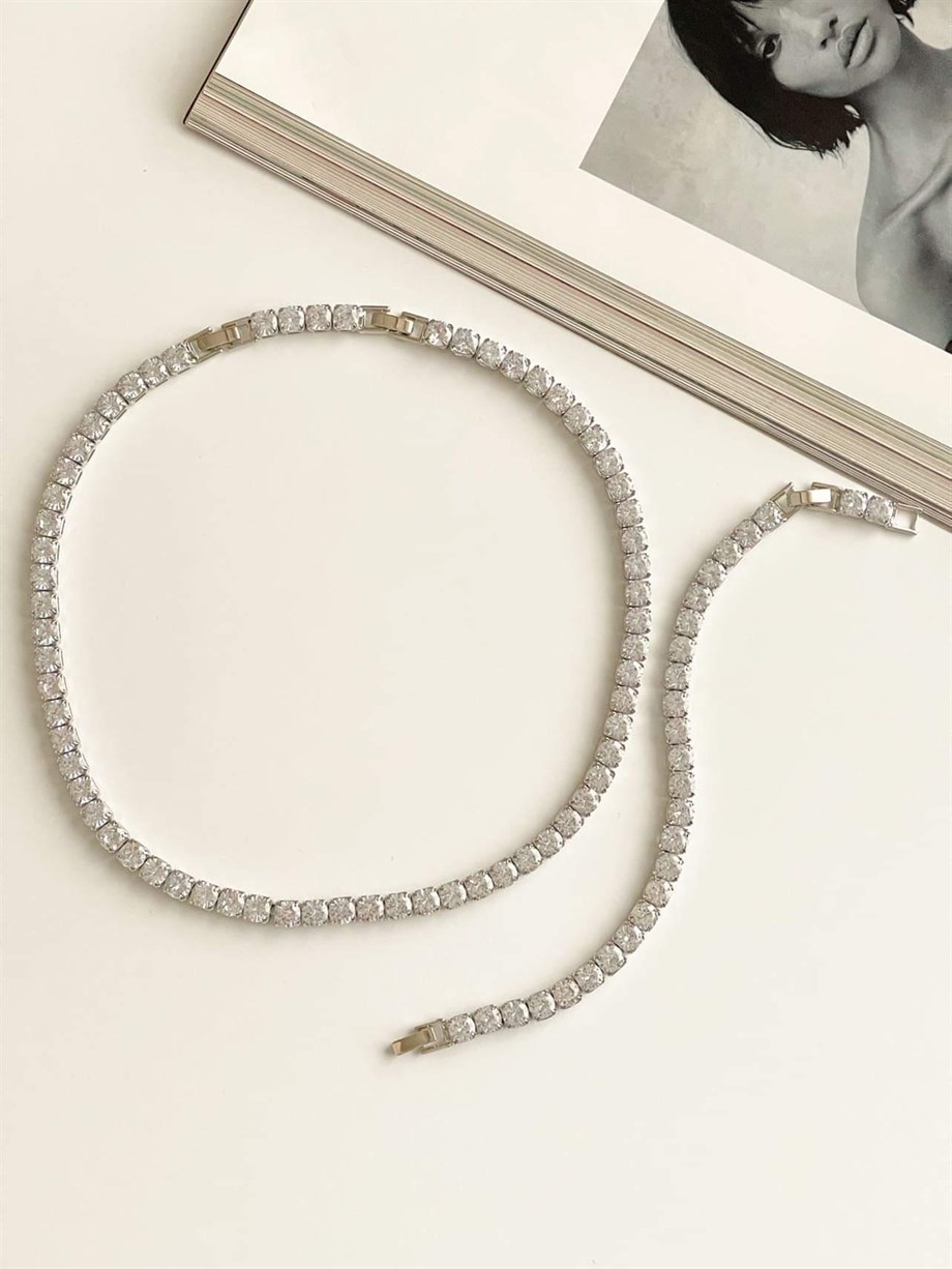 Özel Kaplama Gümüş Renk İri Taşlı Su Yolu Kolye  (45 Cm)