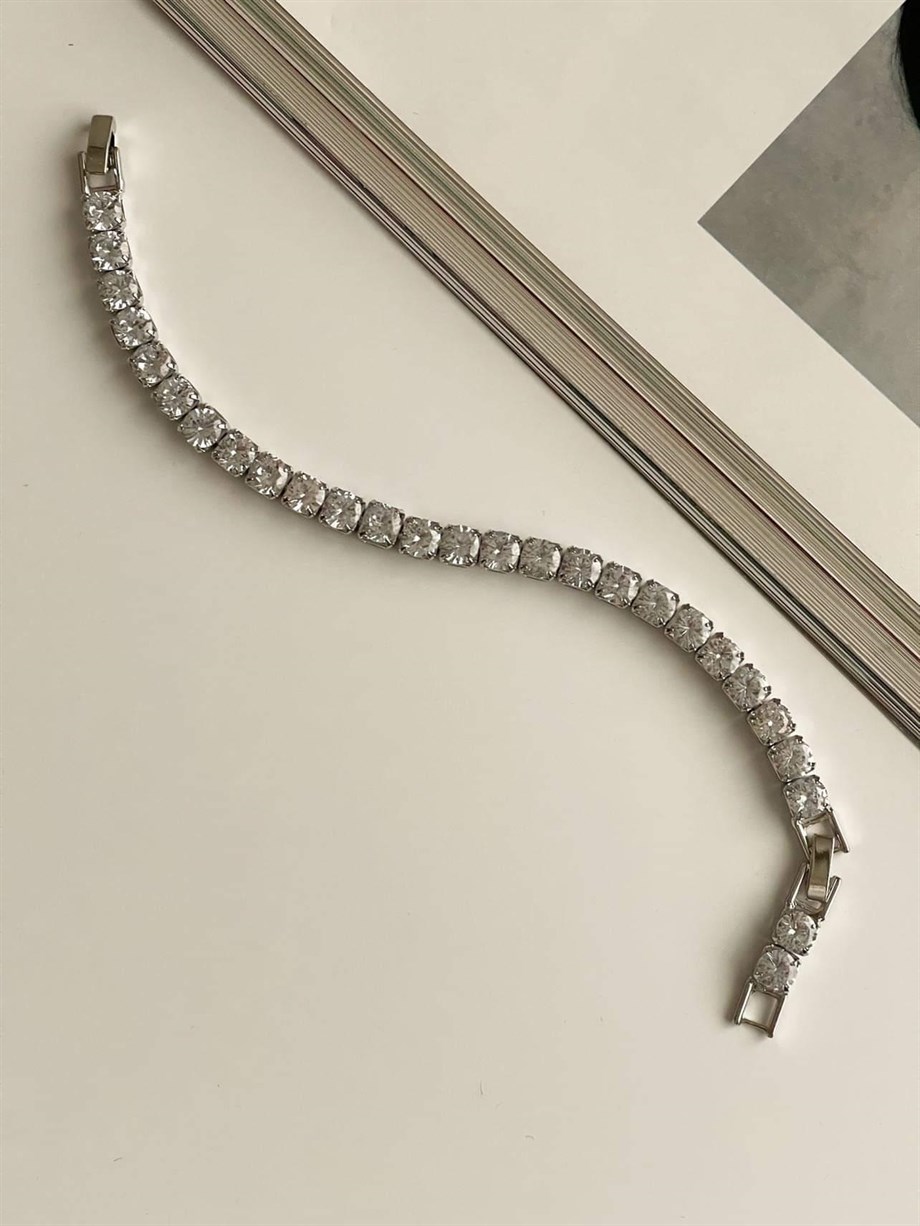 Özel Kaplama Gümüş Renk İri Taşlı Su Yolu Bileklik (20 Cm)