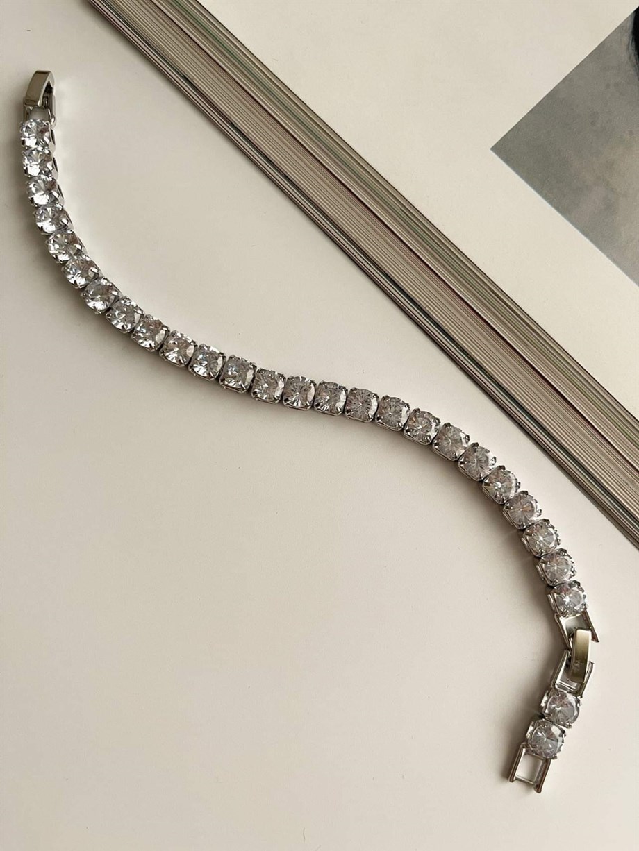 Özel Kaplama Gümüş Renk İri Taşlı Su Yolu Bileklik (20 Cm)