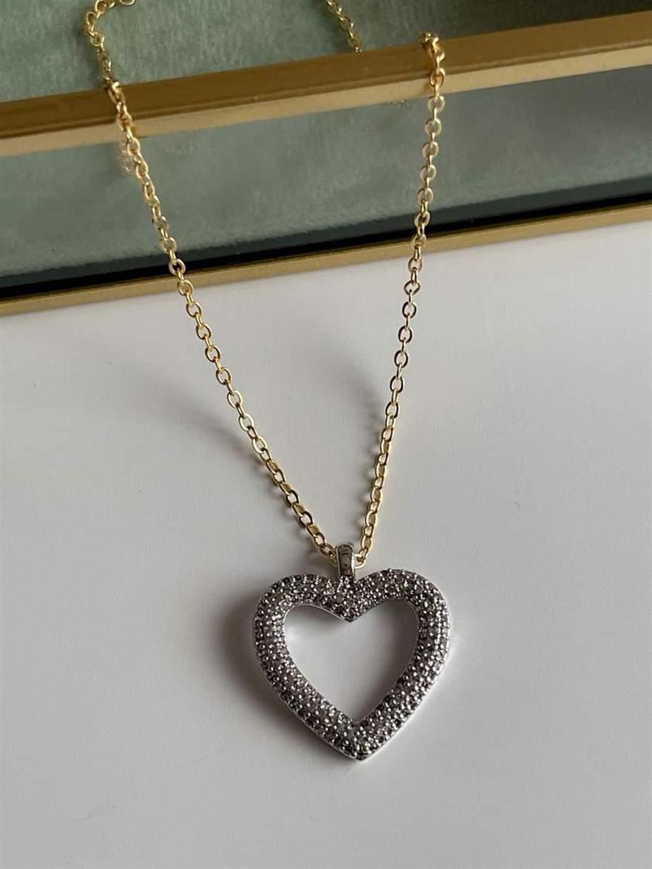Özel Kaplama Gümüş Renk Kalp Gold Zincirli Kolye (48 Cm)