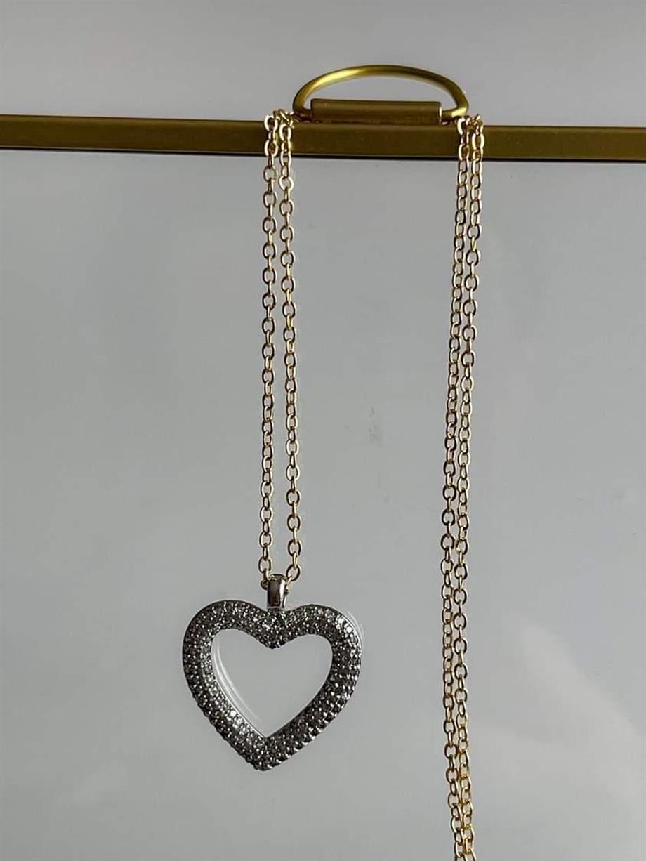 Özel Kaplama Gümüş Renk Kalp Gold Zincirli Kolye (48 Cm)