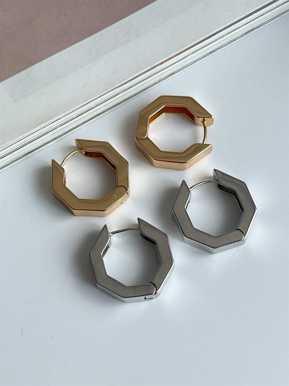 Özel Kaplama Gümüş Renk Köşeli Halka Küpe (2.20 Cm)
