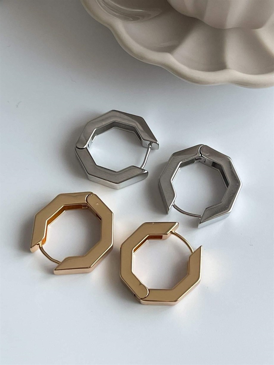 Özel Kaplama Gümüş Renk Köşeli Halka Küpe (2.20 Cm)