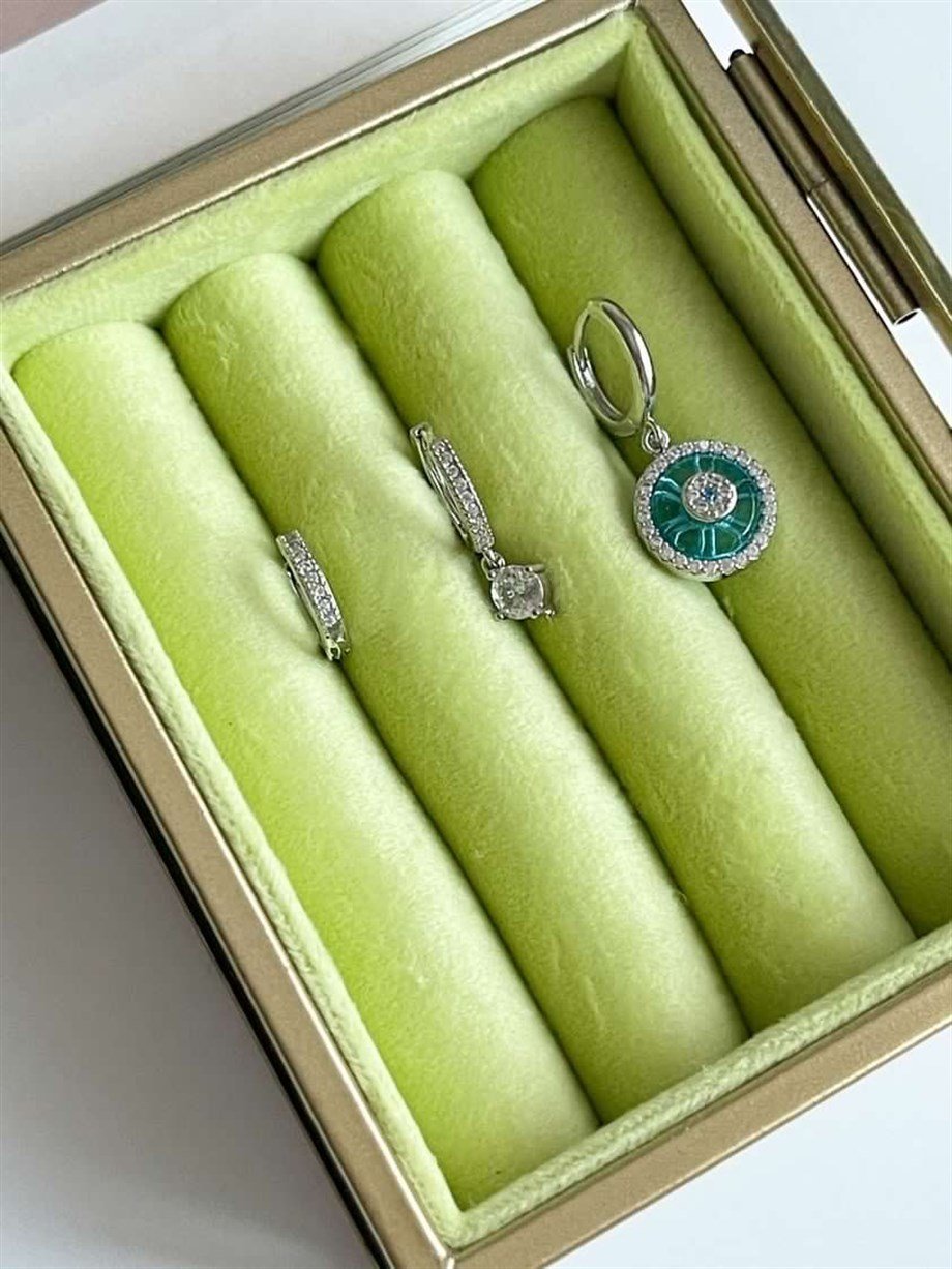 Özel Kaplama Gümüş Renk Mavi Baget Taşlı Üçlü Küpe Seti (2.70 Cm)