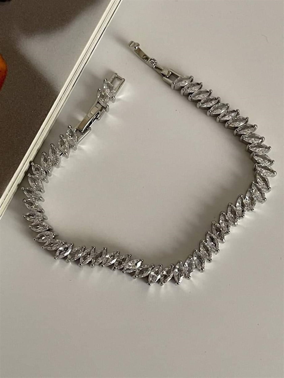 Özel Kaplama Gümüş Renk Pırlanta Montür Bileklik (20 Cm)