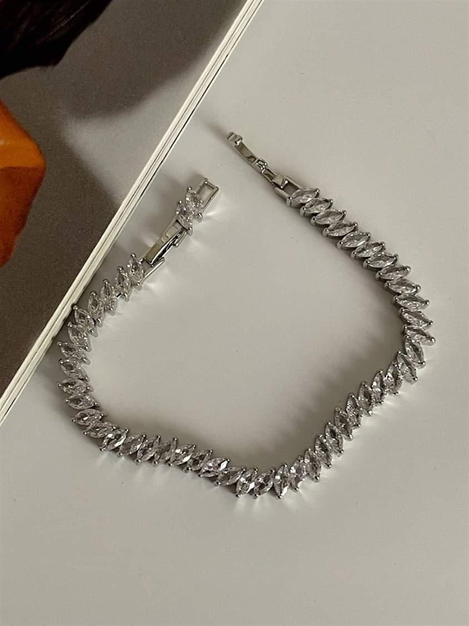 Özel Kaplama Gümüş Renk Pırlanta Montür Bileklik (20 Cm)