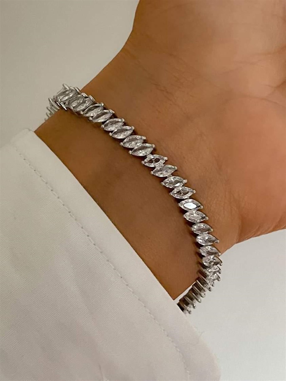 Özel Kaplama Gümüş Renk Pırlanta Montür Bileklik (20 Cm)