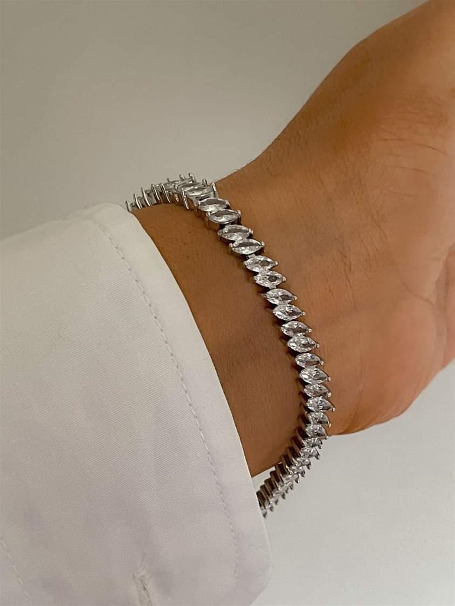 Özel Kaplama Gümüş Renk Pırlanta Montür Bileklik (20 Cm)
