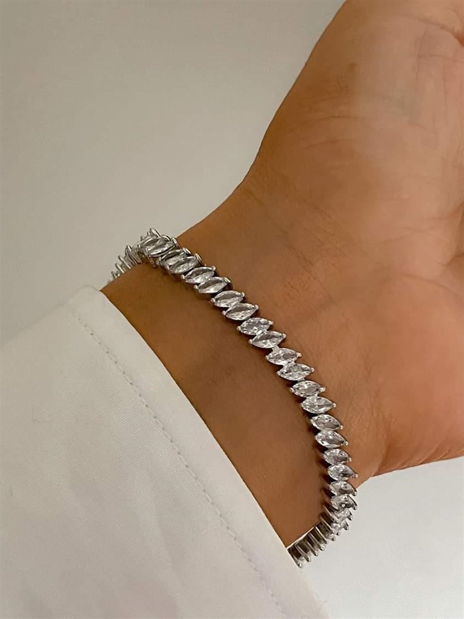 Özel Kaplama Gümüş Renk Pırlanta Montür Bileklik (20 Cm)