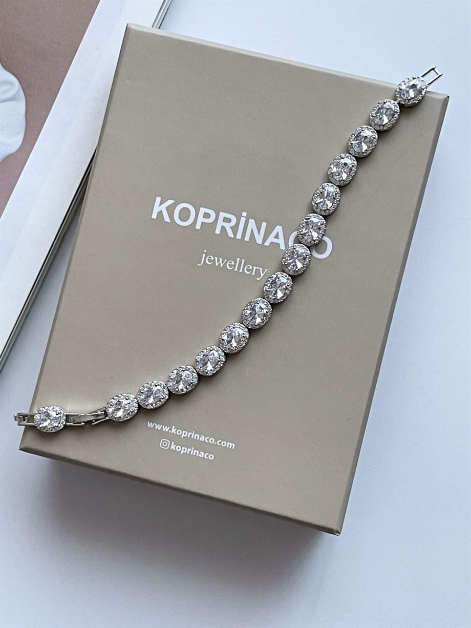 Özel Kaplama Gümüş Renk Renkli Pırlanta Montür Taşlı Bileklik (19 Cm)