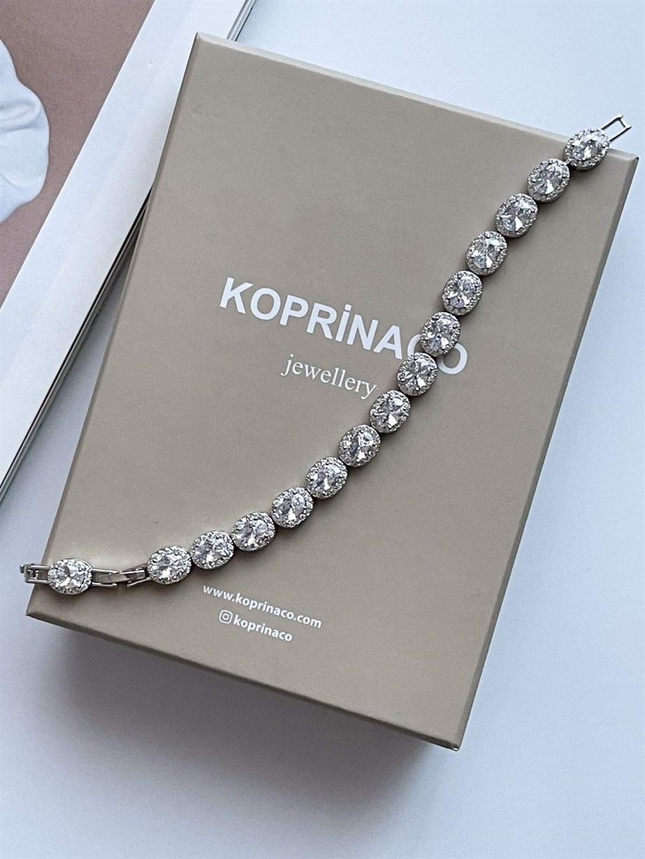 Özel Kaplama Gümüş Renk Renkli Pırlanta Montür Taşlı Bileklik (19 Cm)