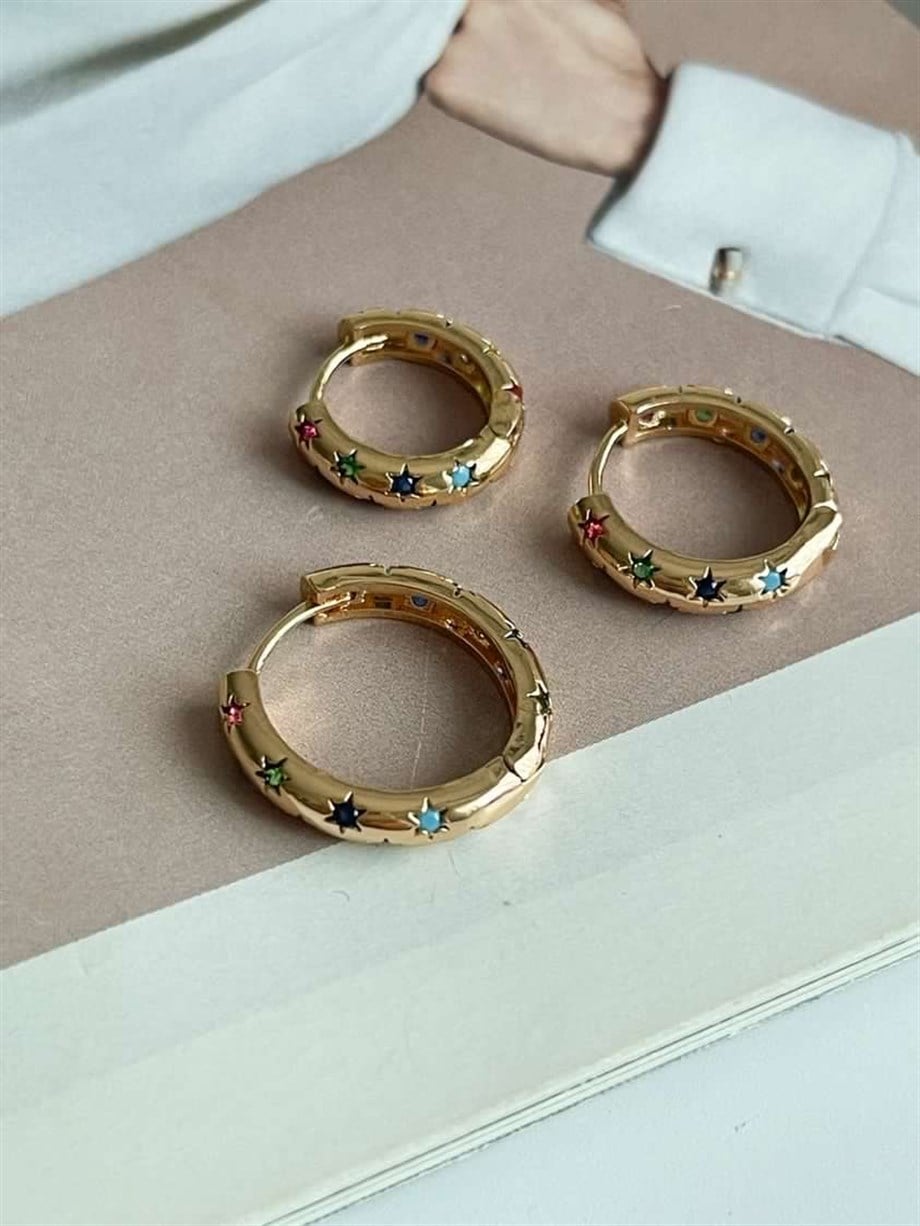 Özel Kaplama Halka Model Taşlı Üçlü Küpe Seti 