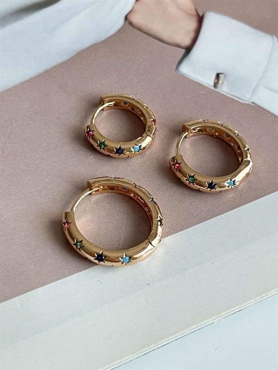 Özel Kaplama Halka Model Taşlı Üçlü Küpe Seti 