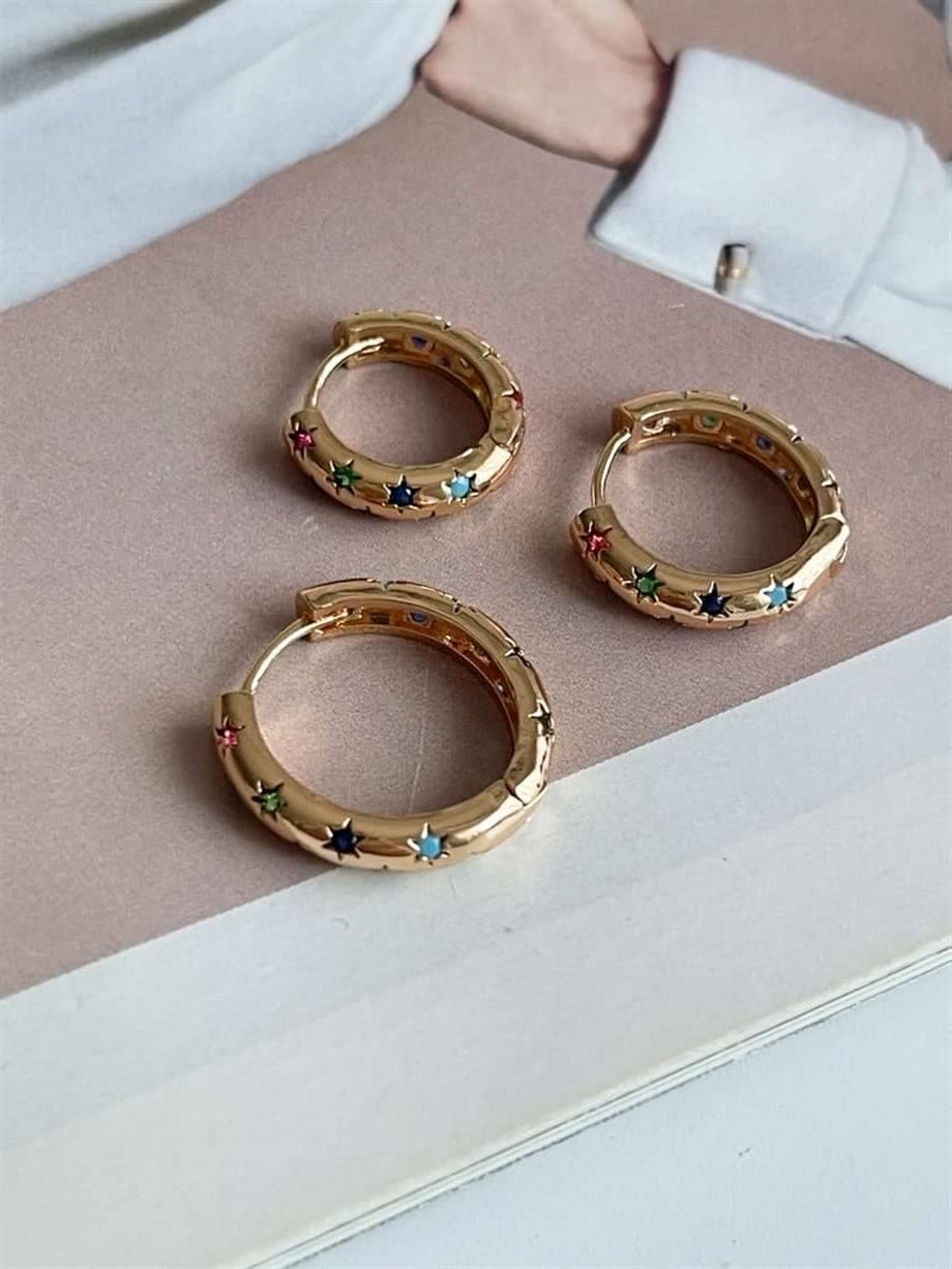 Özel Kaplama Halka Model Taşlı Üçlü Küpe Seti 