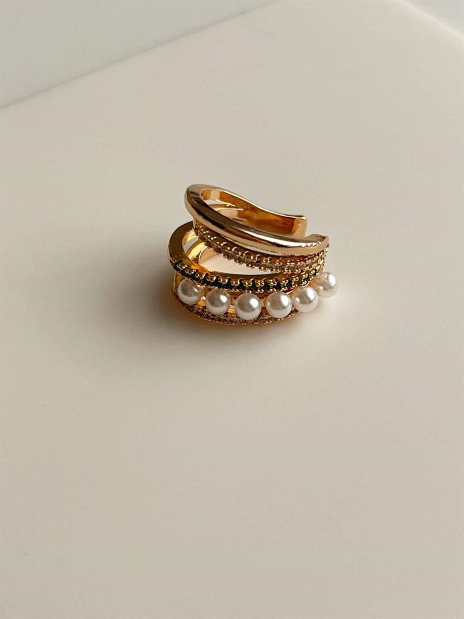 Özel Kaplama İncili Yeşil Zirkon Taşlı Tekli Ear Cuff Küpe (1.5 Cm)