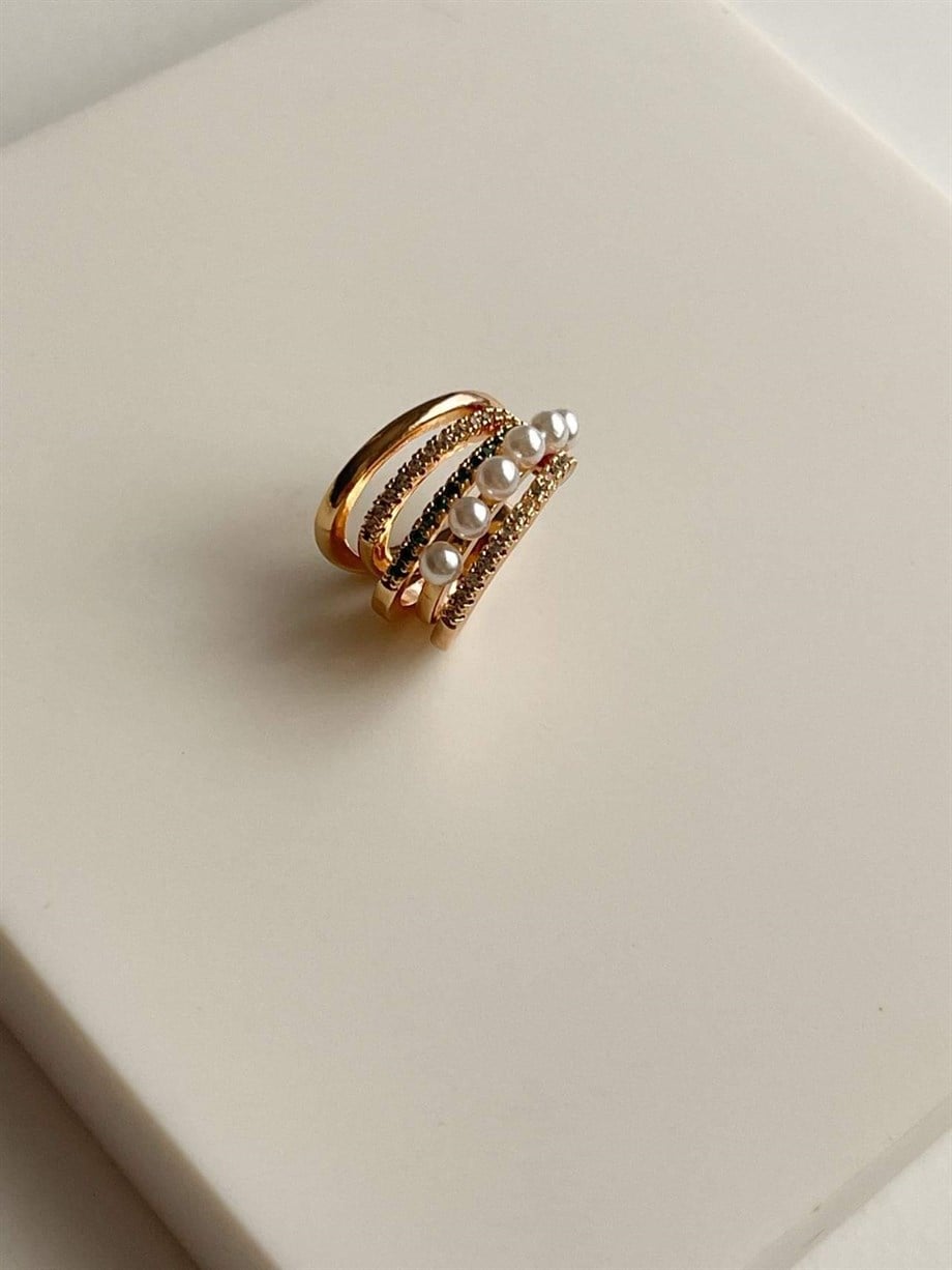 Özel Kaplama İncili Yeşil Zirkon Taşlı Tekli Ear Cuff Küpe (1.5 Cm)