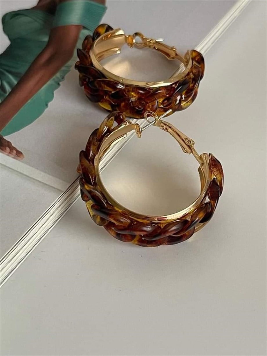 Özel Kaplama Kahve Zincir Desen Halka Küpe (3.20 Cm)