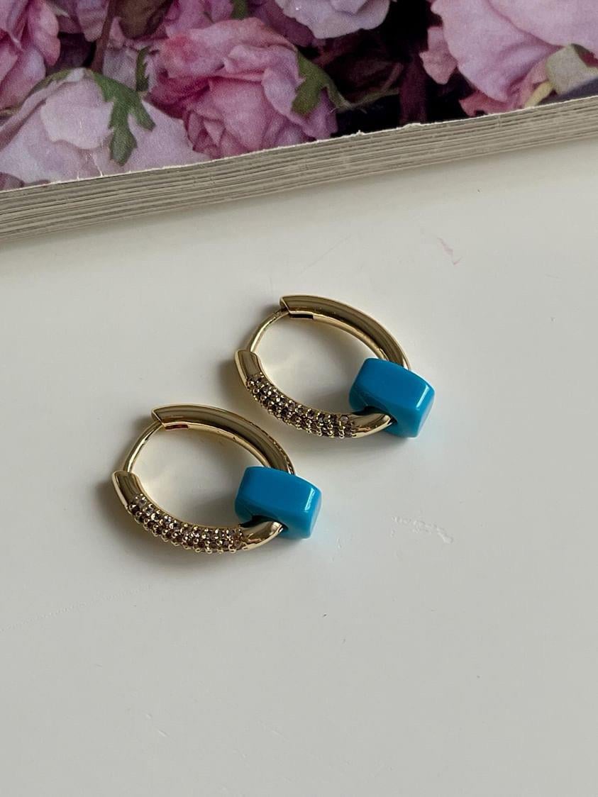 Özel Kaplama Mavi Firuze Boncuklu Küpe (2.40 Cm)