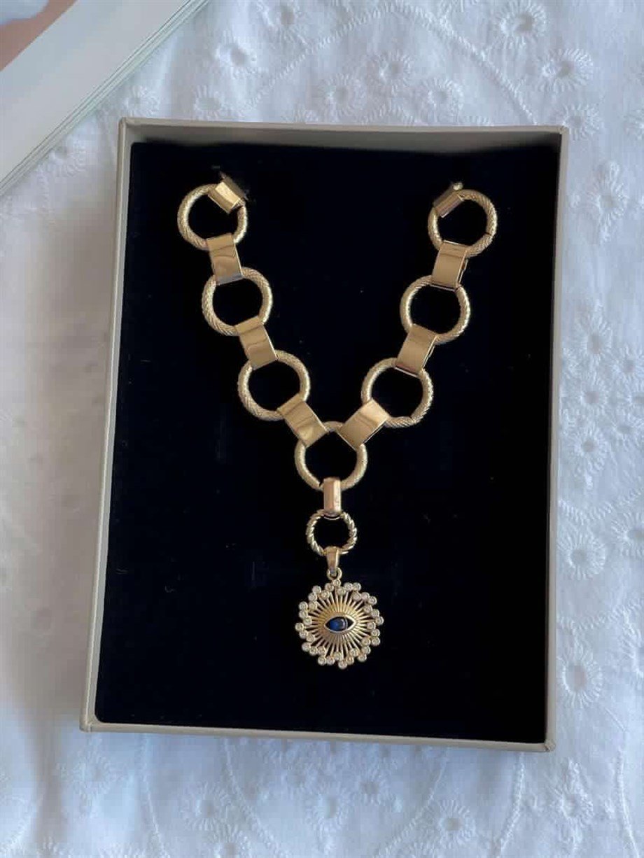 Özel Kaplama Pirinç Üzerine Mikron Altın Kaplama Göz Uçlu Kolye (40 Cm)