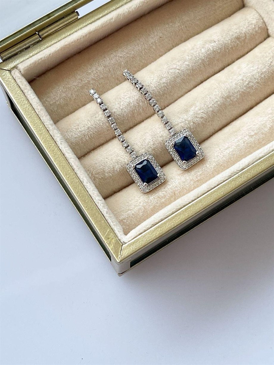 Özel Kaplama Pırlanta Model Lacivert Zirkon Taşlı Küpe (4 Cm)