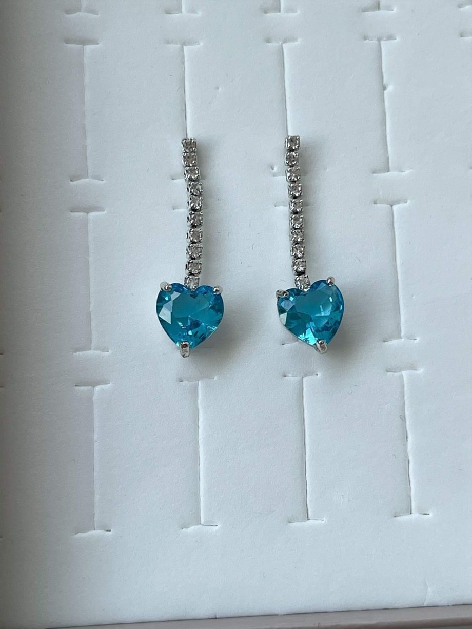 Özel Kaplama Pırlanta Model Mavi  Kalp Zirkon Taşlı Küpe (3.5 Cm)