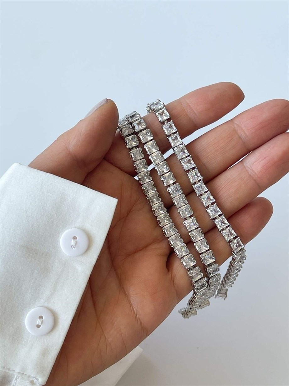 Özel Kaplama Pırlanta Montür Kare Su Yolu Taşlı Bileklik (20 Cm)