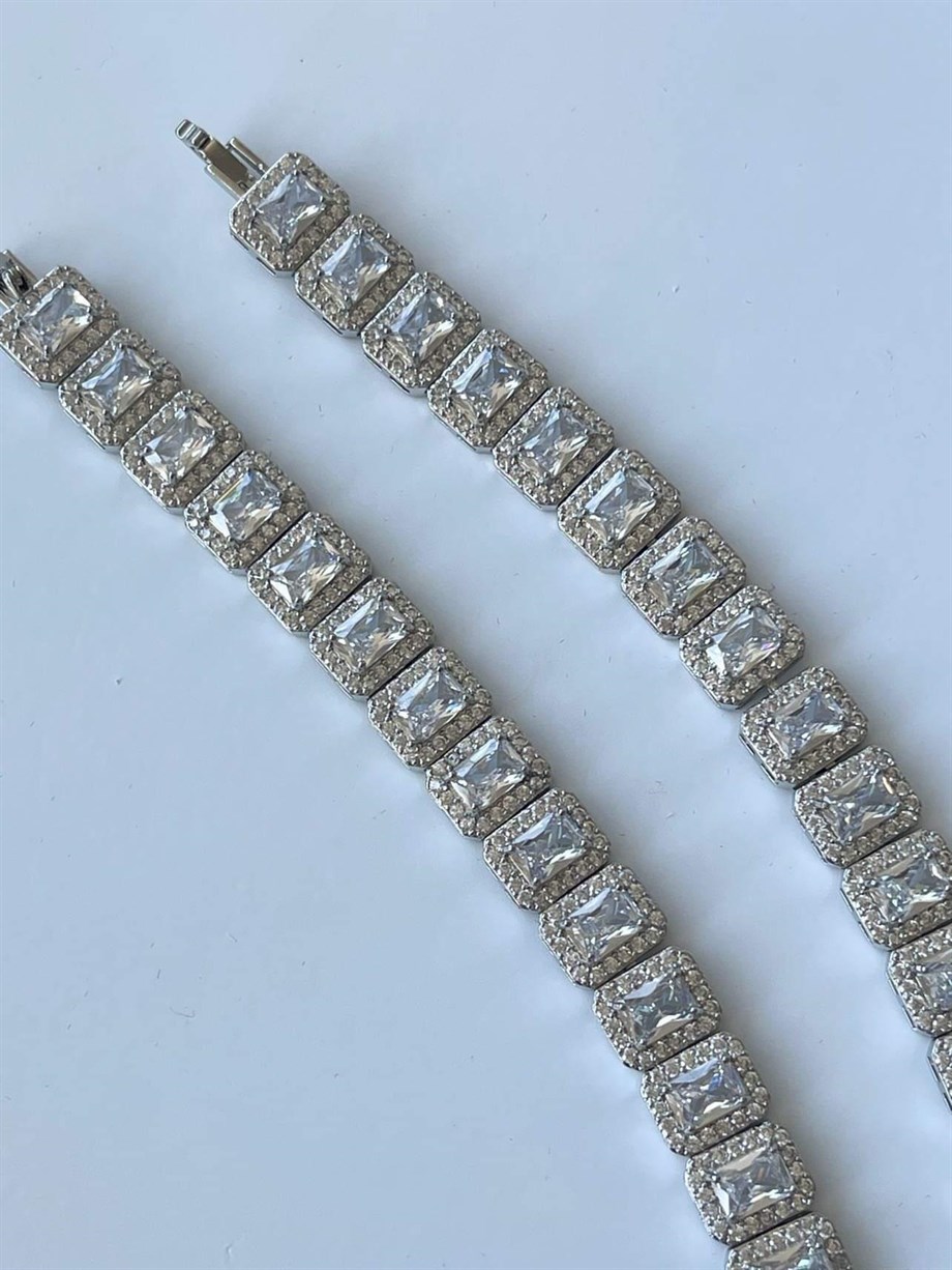 Özel Kaplama Pırlanta Montür Kare Taşlı Bileklik (19 Cm)