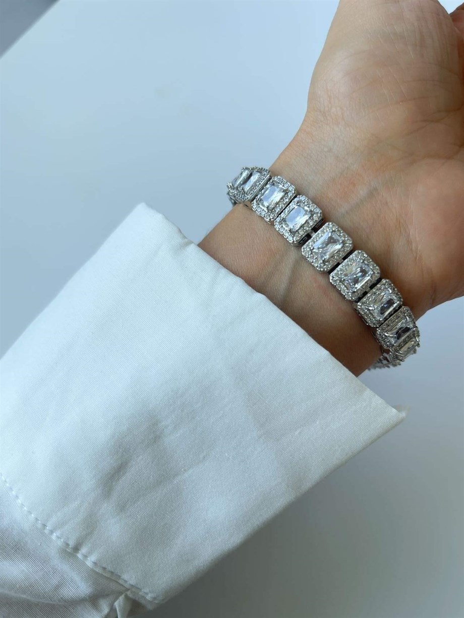 Özel Kaplama Pırlanta Montür Kare Taşlı Bileklik (19 Cm)