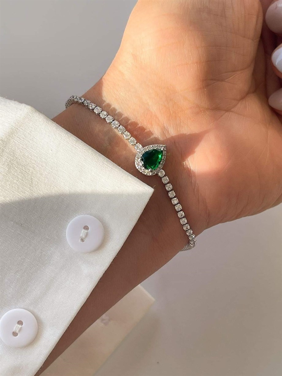 Özel Kaplama Pırlanta Montür Yeşil Damla Taşlı Bileklik (20 Cm)