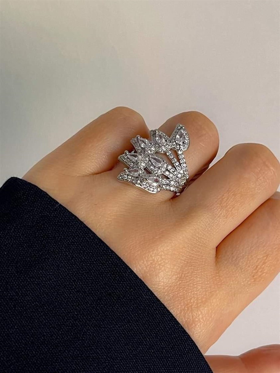 Özel Kaplama Premium Gümüş Renk Baget Taşlı Ayarlanabilir Yüzük 