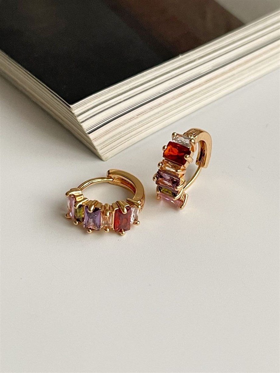 Özel Kaplama Renkli Baget Taşlı Halka Küpe (1.5 Cm)