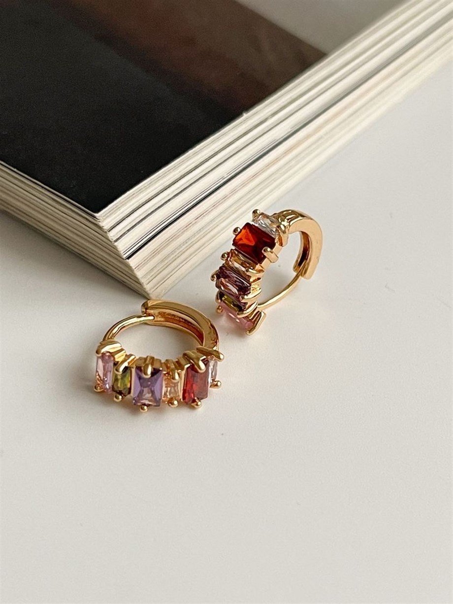 Özel Kaplama Renkli Baget Taşlı Halka Küpe (1.5 Cm)