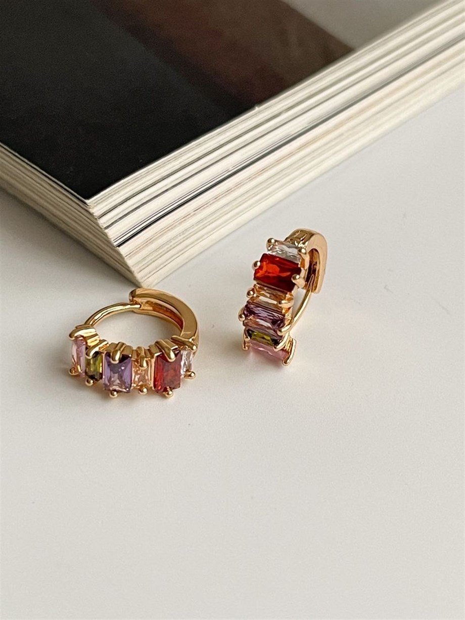 Özel Kaplama Renkli Baget Taşlı Halka Küpe (1.5 Cm)