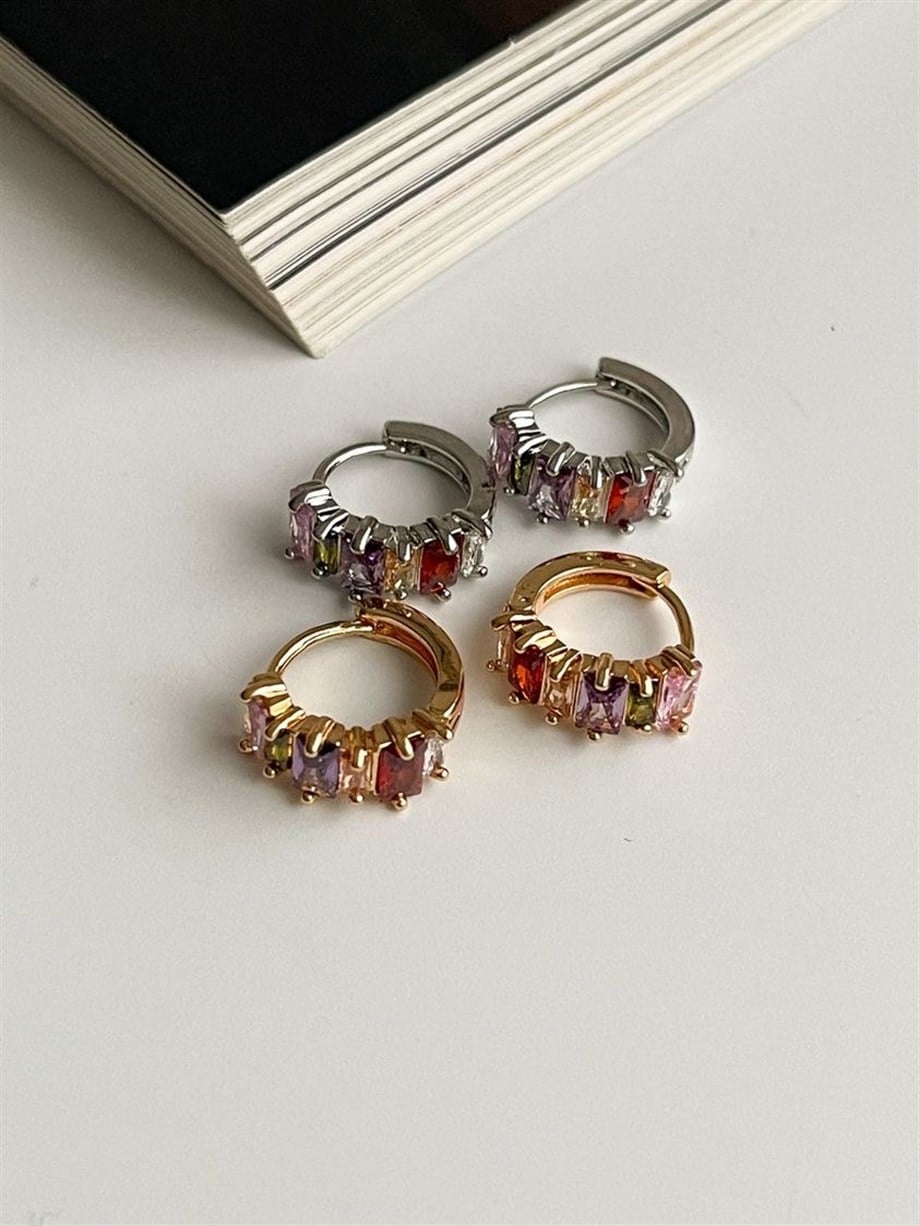 Özel Kaplama Renkli Baget Taşlı Halka Küpe (1.5 Cm)
