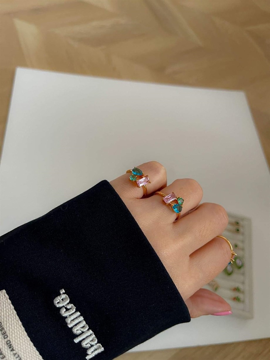 Özel Kaplama Renkli Taşlı Alttan Ayarlanabilir Yüzük 