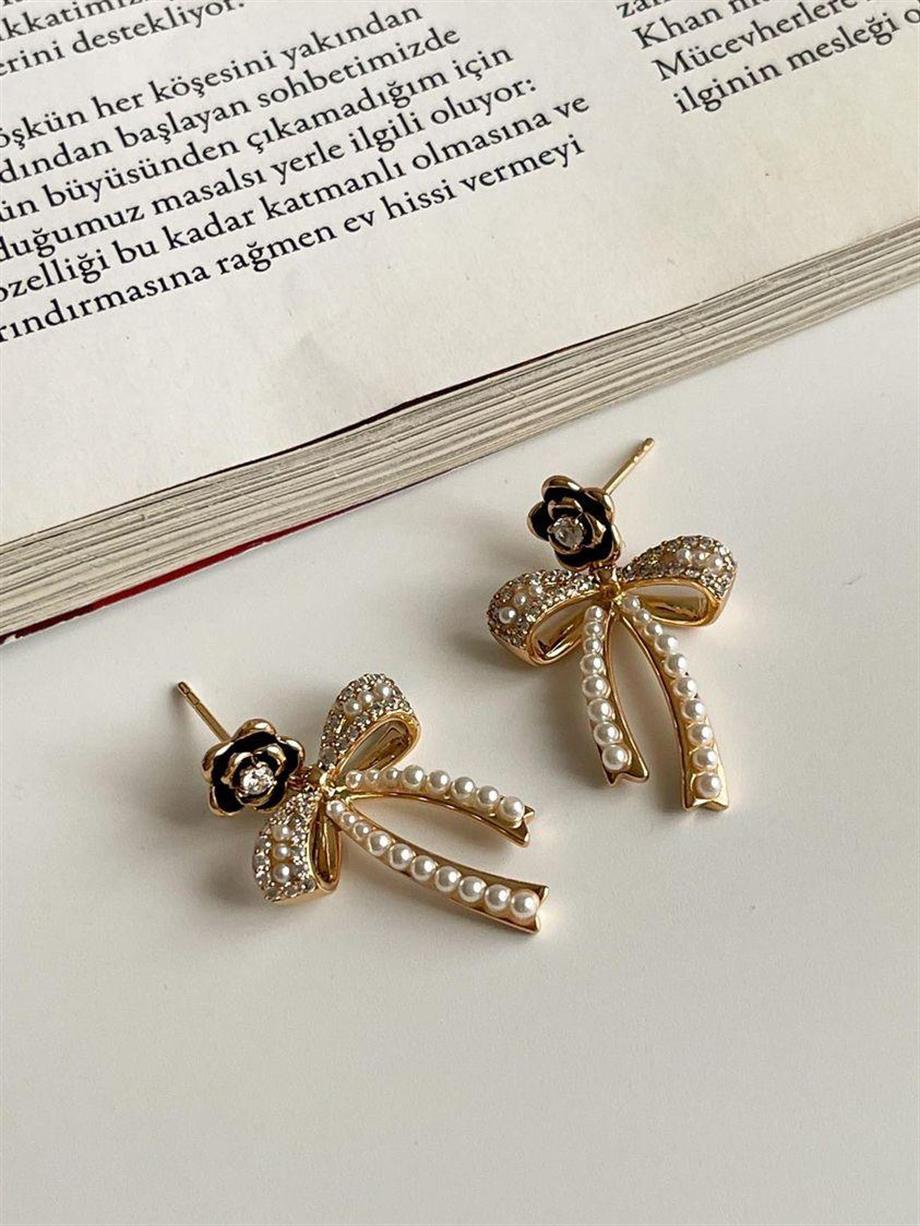 Özel Kaplama Xuping Siyah Gül İncili Fiyonk Küpe (2.5 Cm)