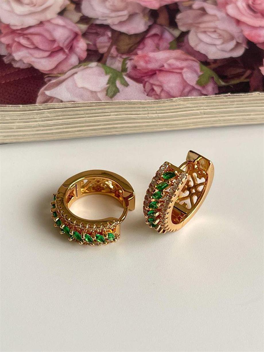 Özel Kaplama Yeşil Baget Taşlı Halka Küpe (1.5 Cm)