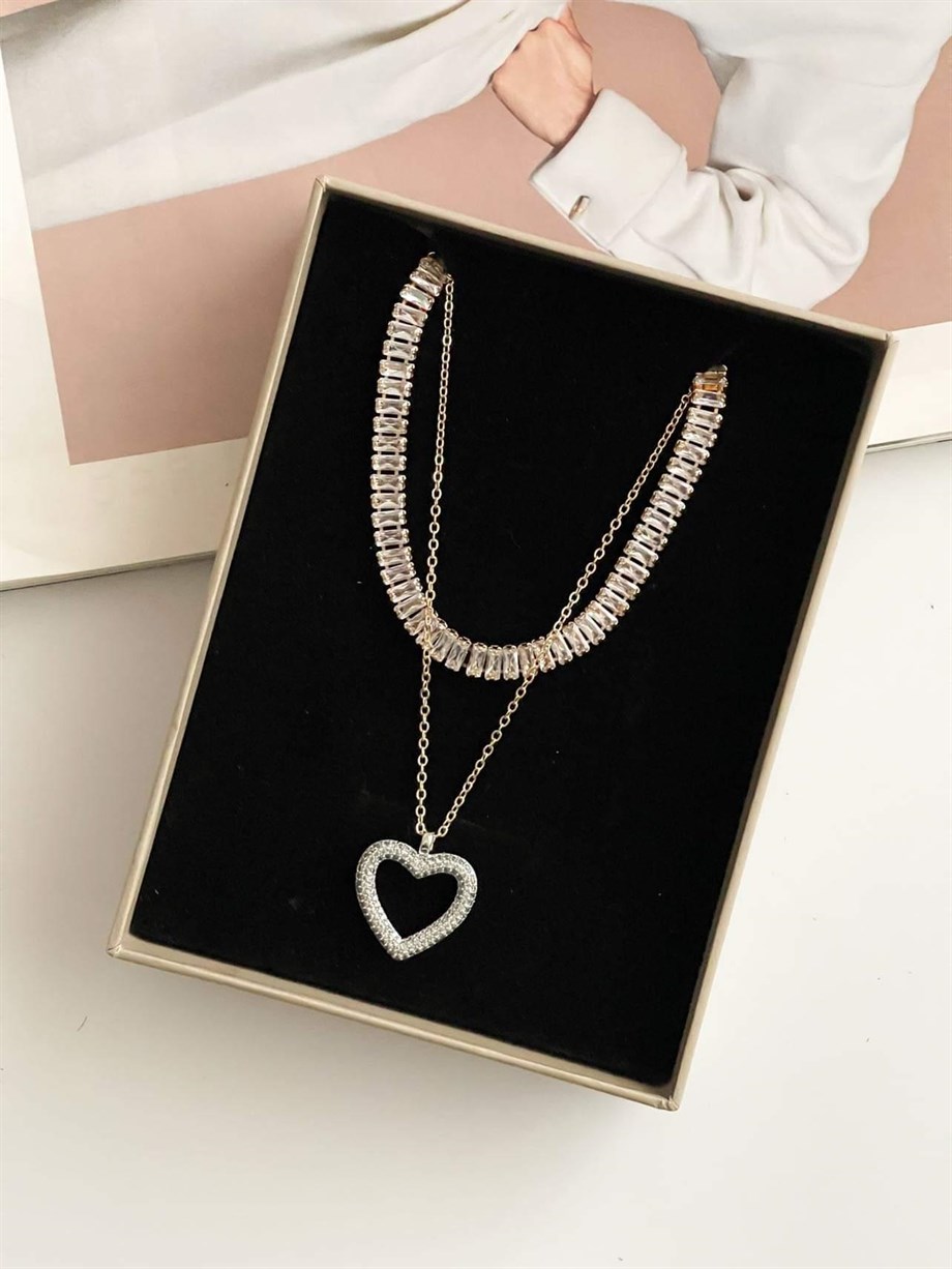 Özel Kaplama Zinciri Gold Kalbi Gümüş Renk Zirkon Taşlı Kalp Kolye (73 Cm)