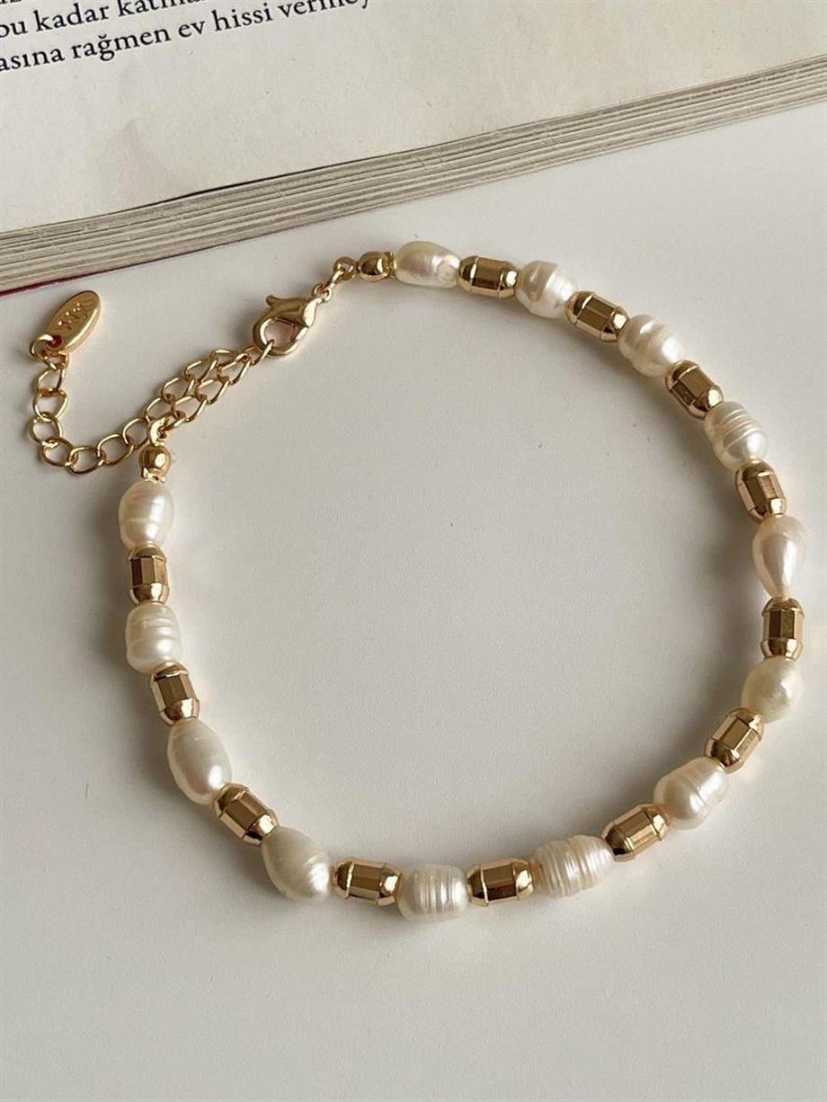 Özel Mikro Altın Kaplama İncili Gold Boncuklu Vip Bİleklik (22 Cm)